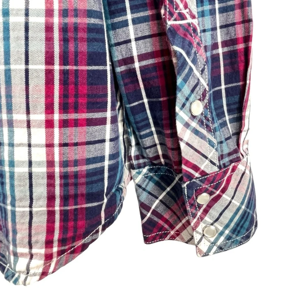 True Religion Mens‎ XL Plaid Western Pearl Snap Shirt Red Blue